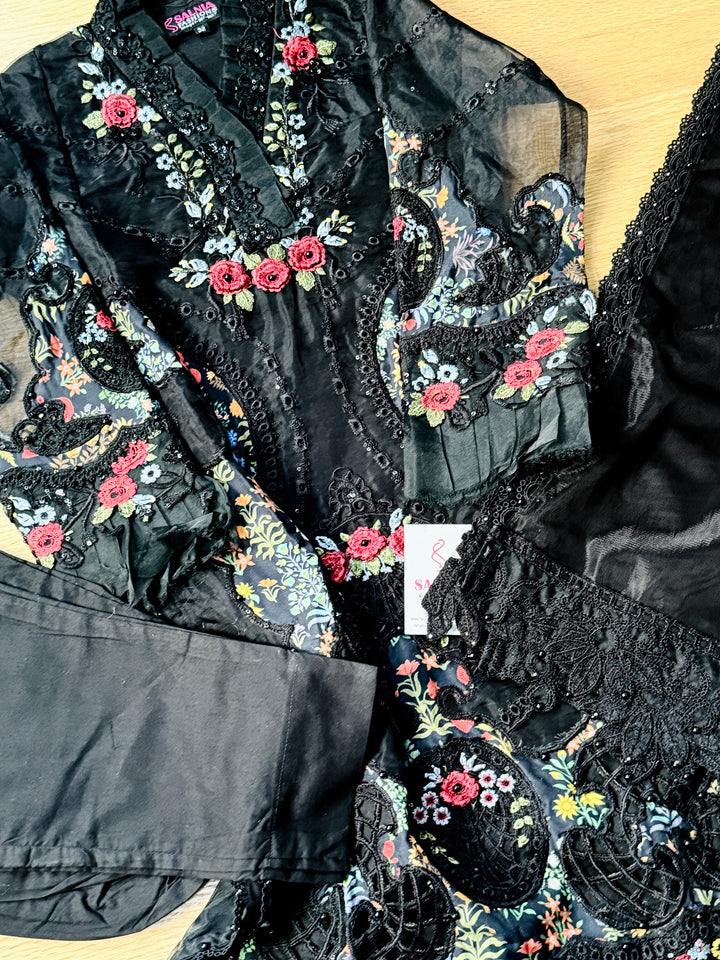 EMBROIDERED ORGANZA KIDS 3-PC SUIT BLACK ALKD60