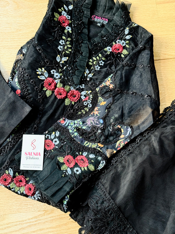 EMBROIDERED ORGANZA KIDS 3-PC SUIT BLACK ALKD60