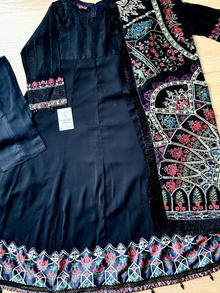 EMBROIDERED CHIFFON KIDS 3-PC SUIT BLACK ALKD60