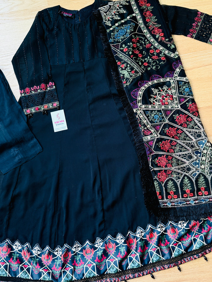 EMBROIDERED CHIFFON KIDS 3-PC SUIT BLACK ALKD60