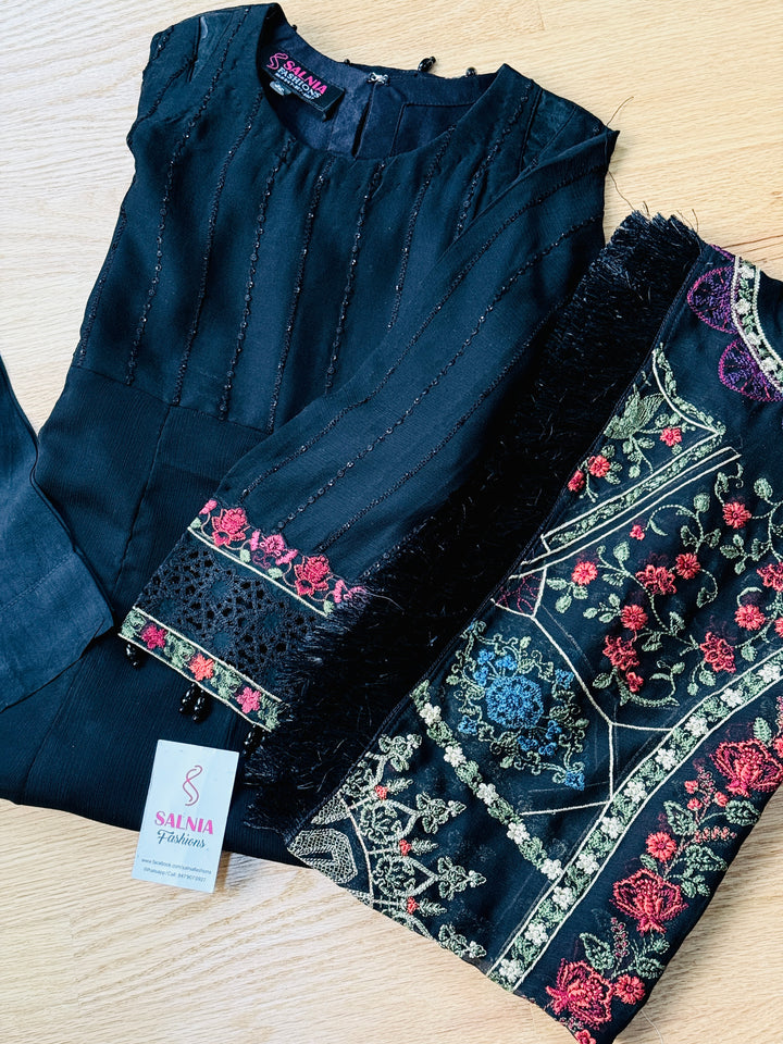 EMBROIDERED CHIFFON KIDS 3-PC SUIT BLACK ALKD60