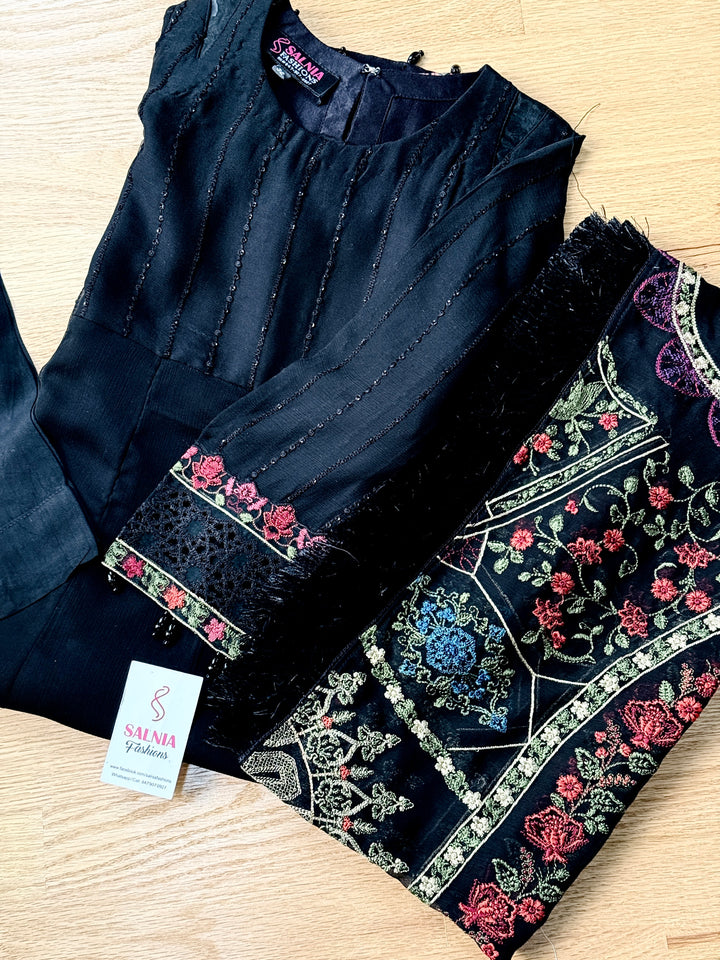 EMBROIDERED CHIFFON KIDS 3-PC SUIT BLACK ALKD60