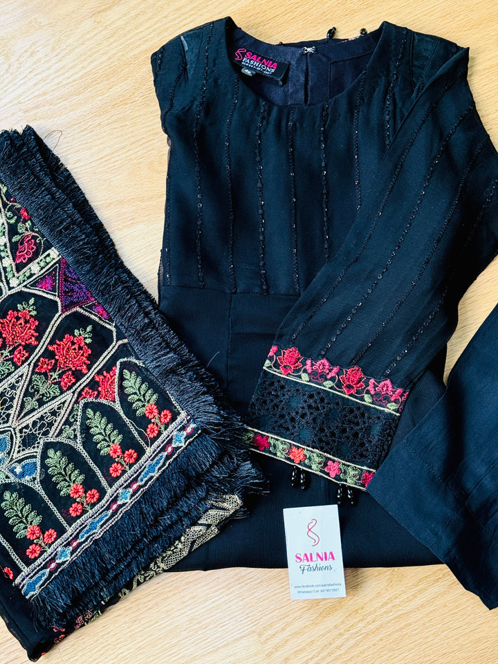 EMBROIDERED CHIFFON KIDS 3-PC SUIT BLACK ALKD60