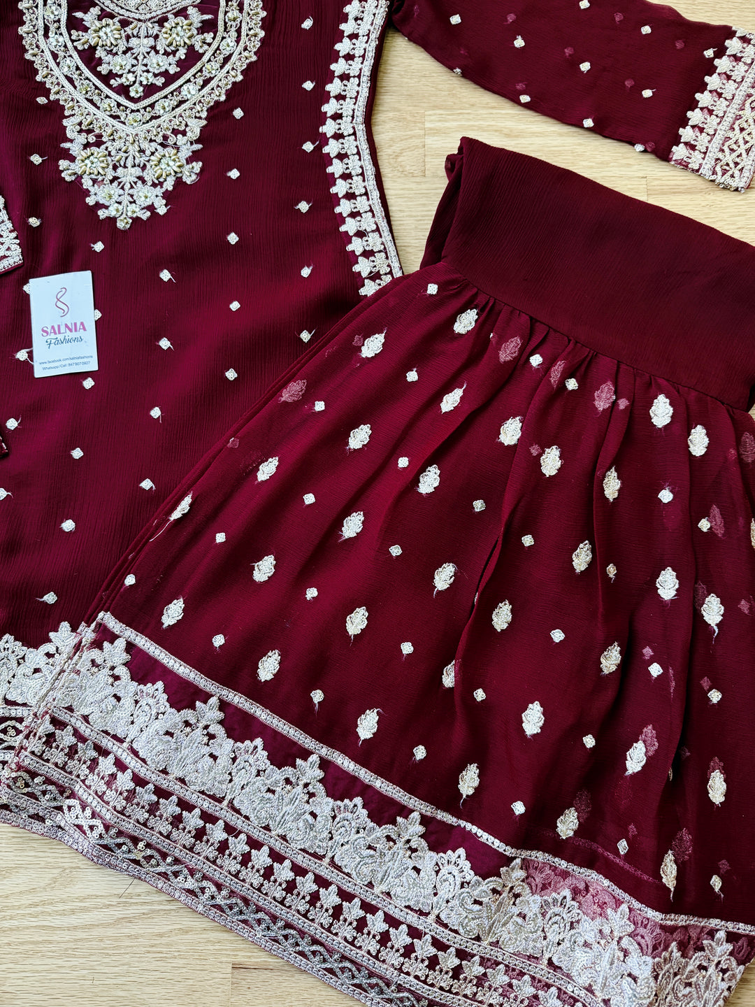 EMBROIDERED CHIFFON KIDS 3-PC SUIT DARK RED ALKD53