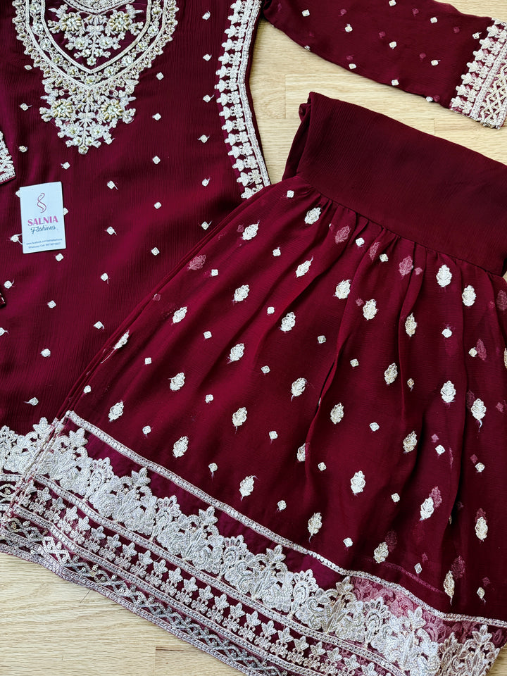 EMBROIDERED CHIFFON KIDS 3-PC SUIT DARK RED ALKD53