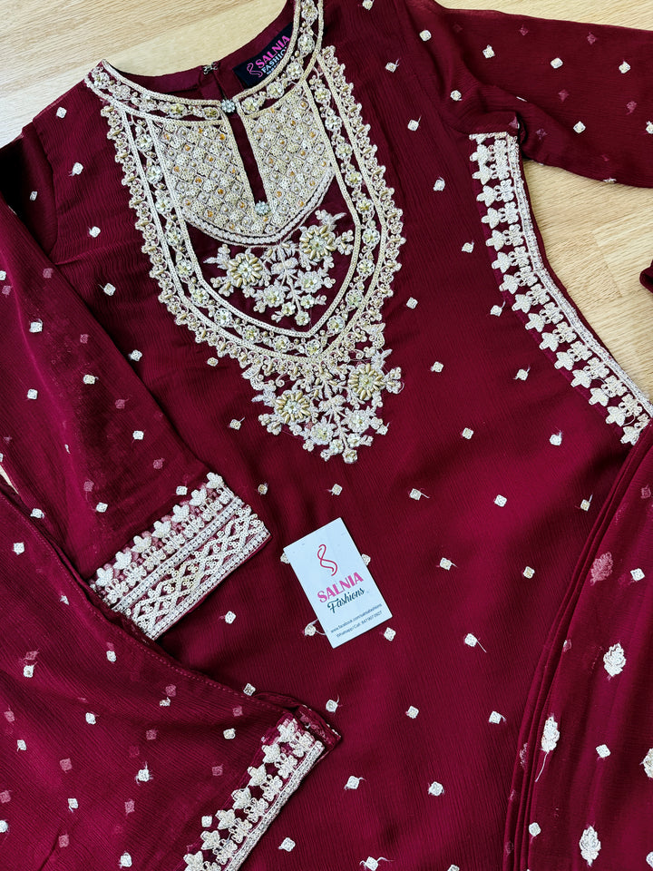 EMBROIDERED CHIFFON KIDS 3-PC SUIT DARK RED ALKD53