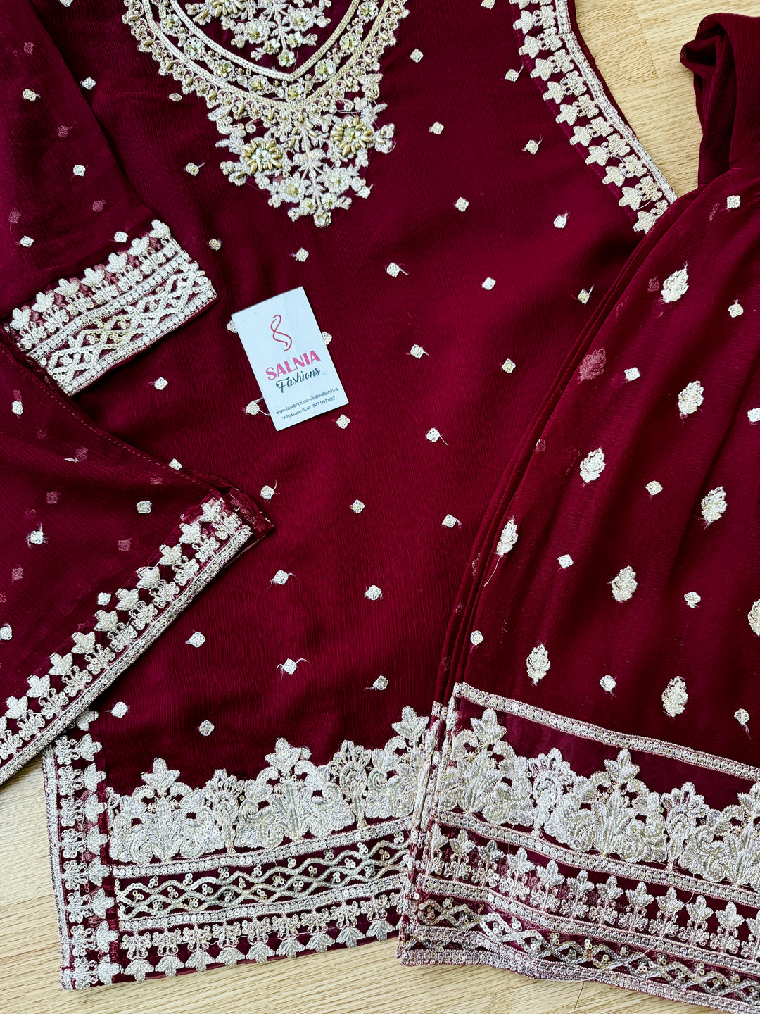 EMBROIDERED CHIFFON KIDS 3-PC SUIT DARK RED ALKD53