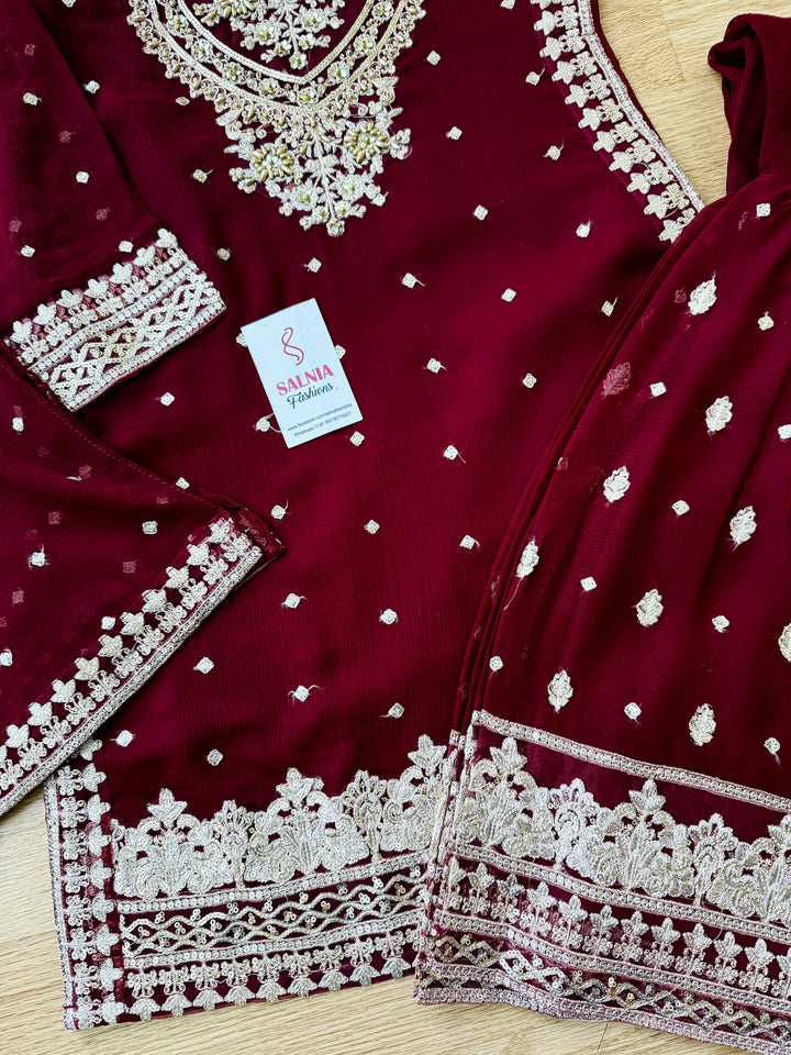 EMBROIDERED CHIFFON KIDS 3-PC SUIT DARK RED ALKD53