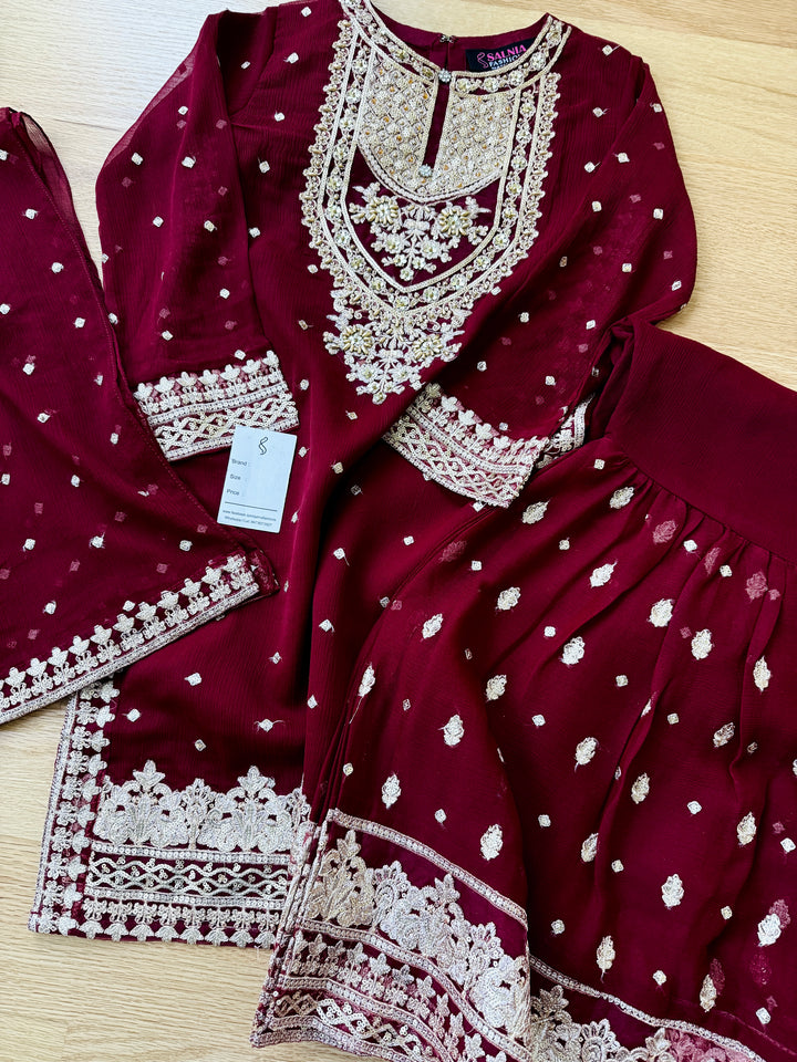 EMBROIDERED CHIFFON KIDS 3-PC SUIT DARK RED ALKD53