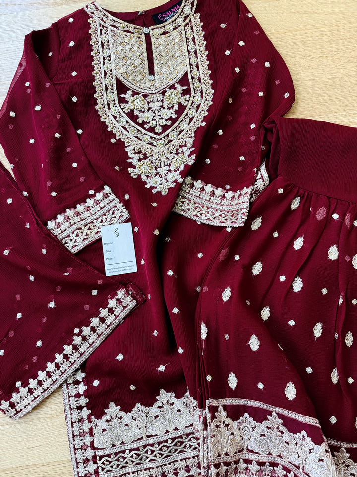 EMBROIDERED CHIFFON KIDS 3-PC SUIT DARK RED ALKD53
