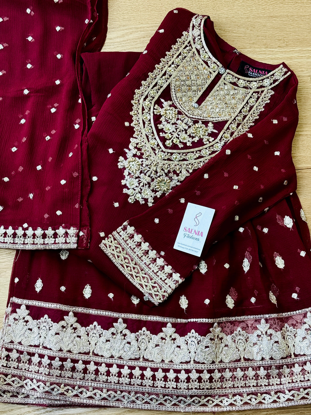 EMBROIDERED CHIFFON KIDS 3-PC SUIT DARK RED ALKD53