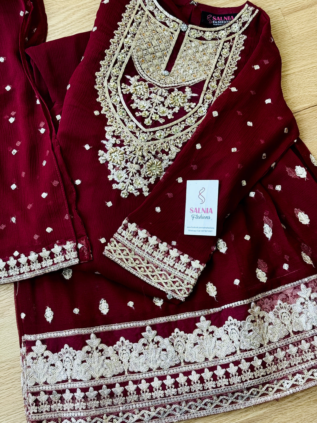 EMBROIDERED CHIFFON KIDS 3-PC SUIT DARK RED ALKD53