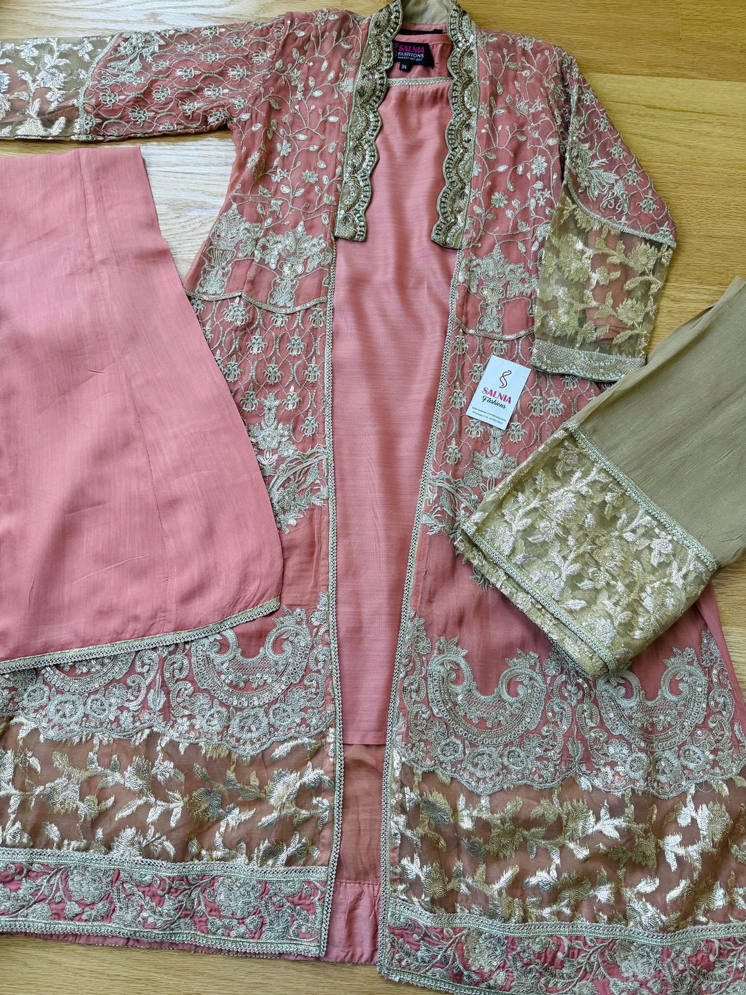 EMBROIDERED CHIFFON KIDS 3-PC SUIT PEACH JACKET ALKD56