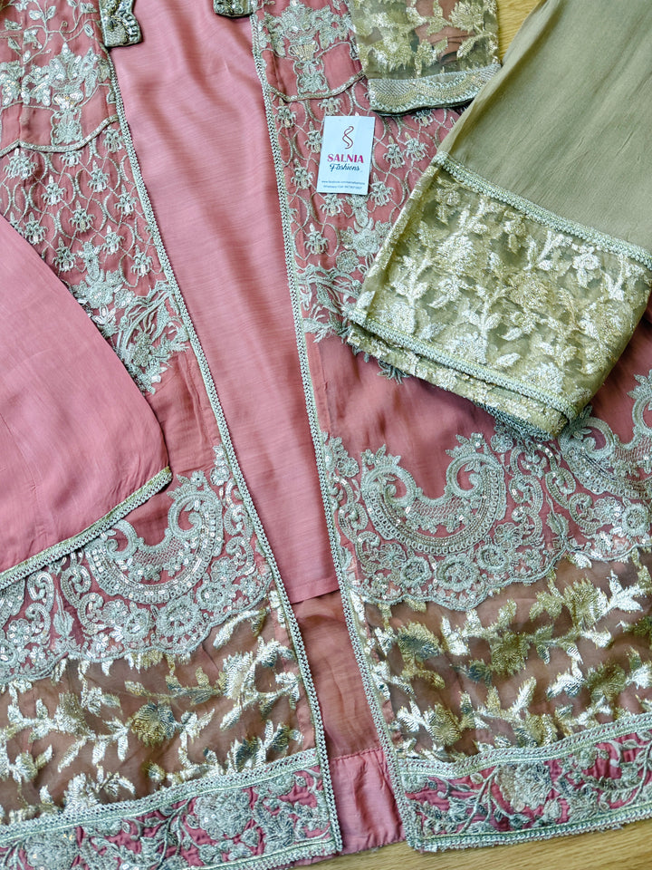 EMBROIDERED CHIFFON KIDS 3-PC SUIT PEACH JACKET ALKD56