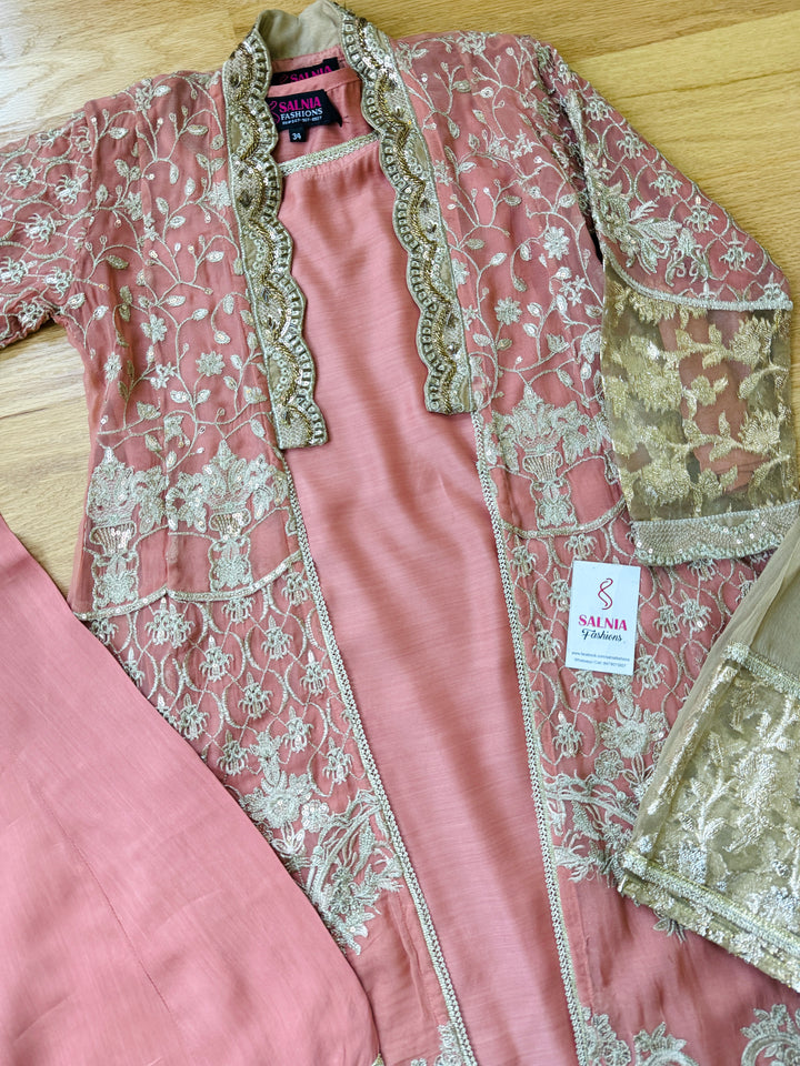 EMBROIDERED CHIFFON KIDS 3-PC SUIT PEACH JACKET ALKD56