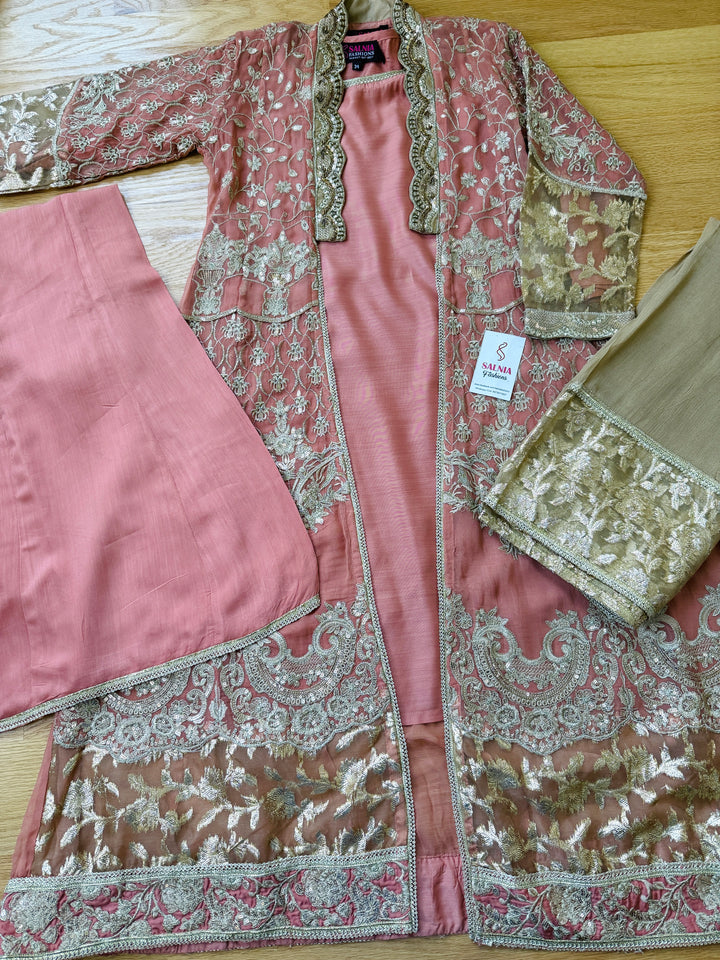 EMBROIDERED CHIFFON KIDS 3-PC SUIT PEACH JACKET ALKD56