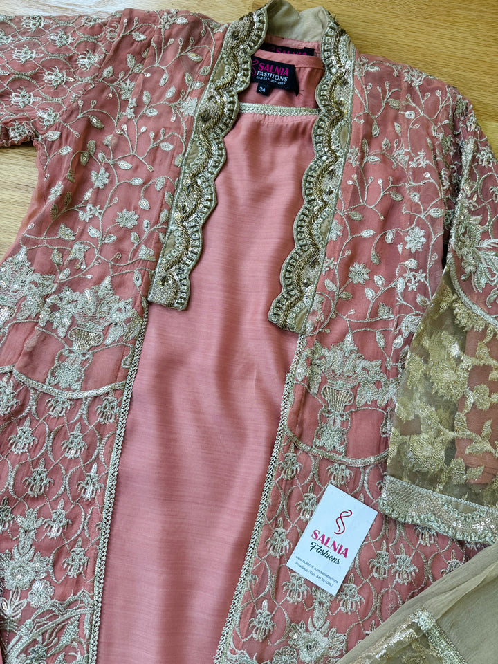 EMBROIDERED CHIFFON KIDS 3-PC SUIT PEACH JACKET ALKD56