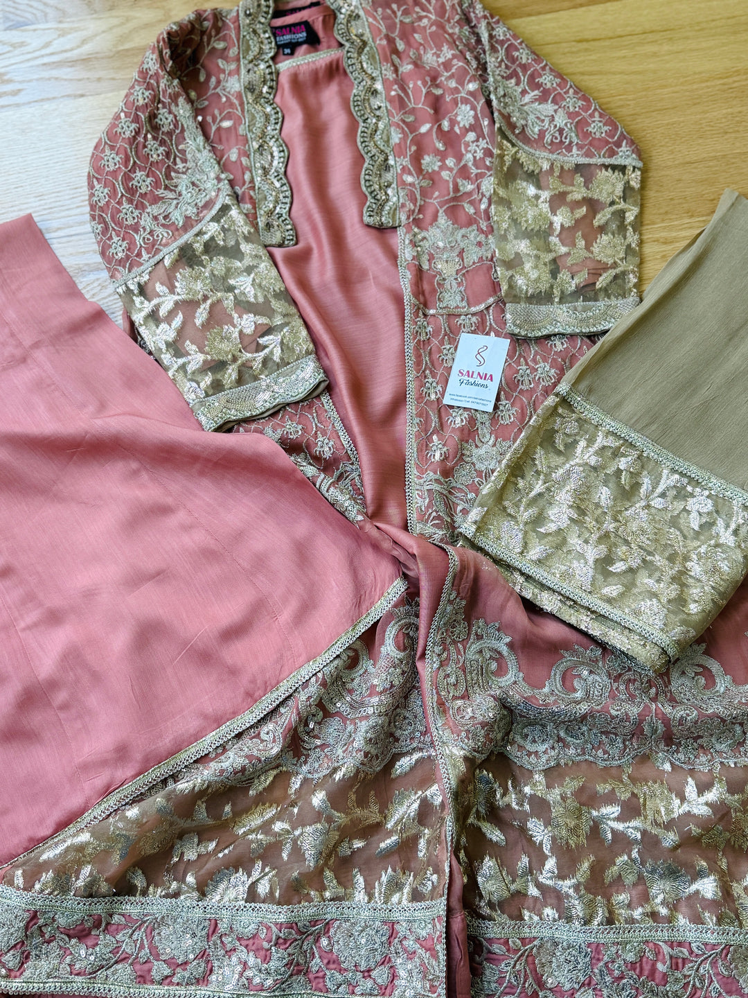EMBROIDERED CHIFFON KIDS 3-PC SUIT PEACH JACKET ALKD56