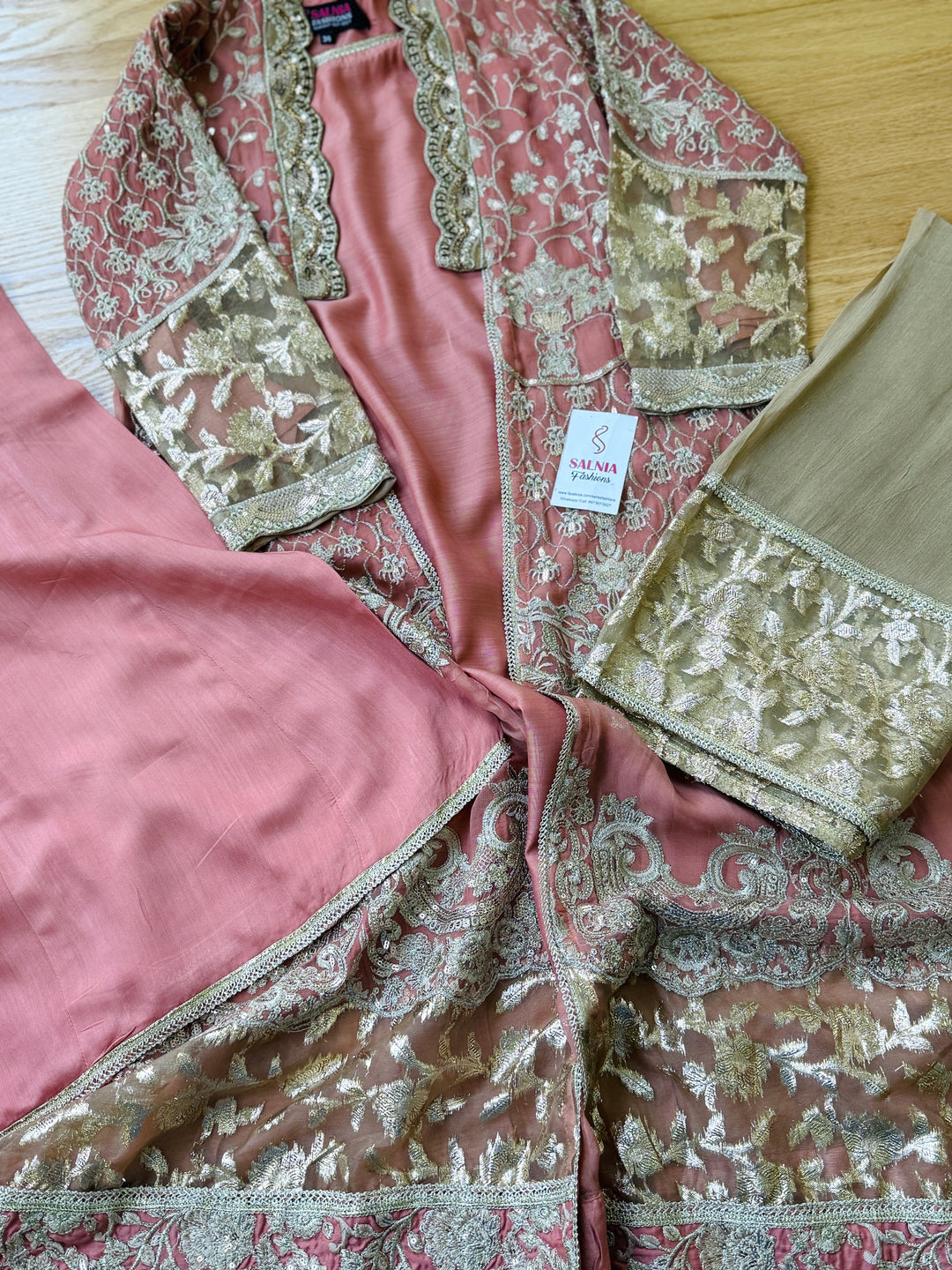 EMBROIDERED CHIFFON KIDS 3-PC SUIT PEACH JACKET ALKD56