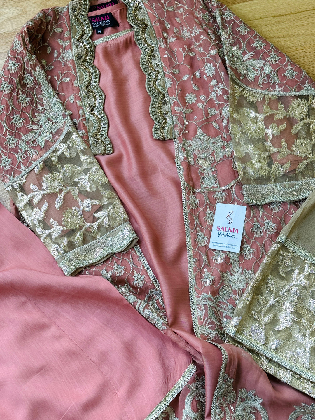 EMBROIDERED CHIFFON KIDS 3-PC SUIT PEACH JACKET ALKD56