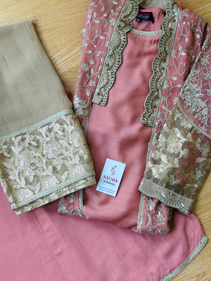 EMBROIDERED CHIFFON KIDS 3-PC SUIT PEACH JACKET ALKD56