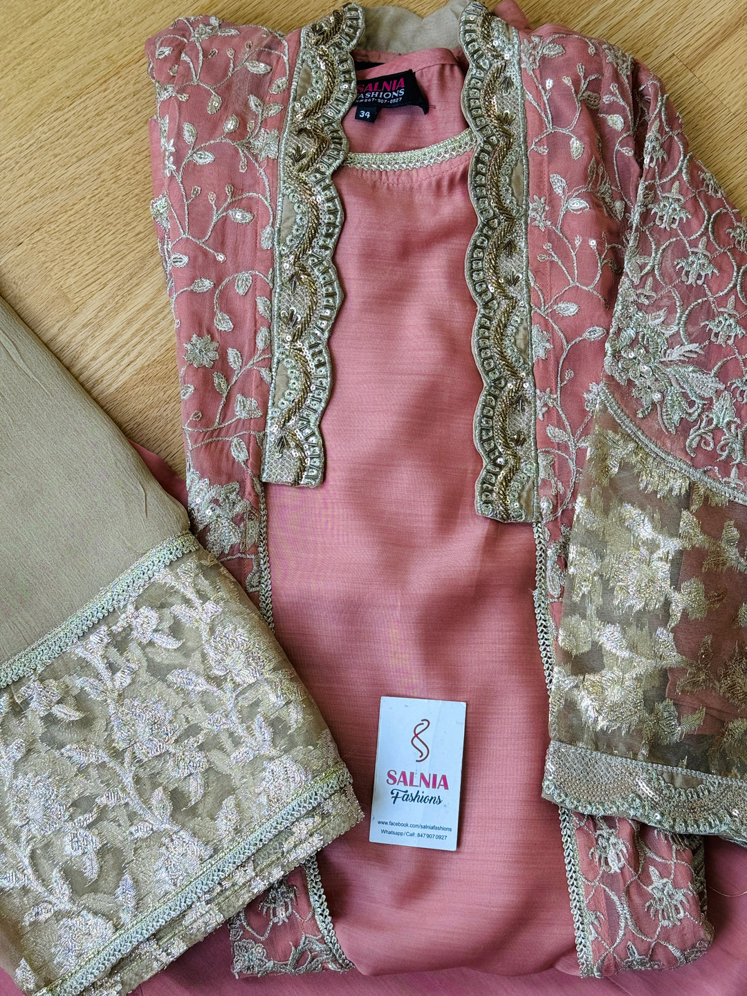 EMBROIDERED CHIFFON KIDS 3-PC SUIT PEACH JACKET ALKD56