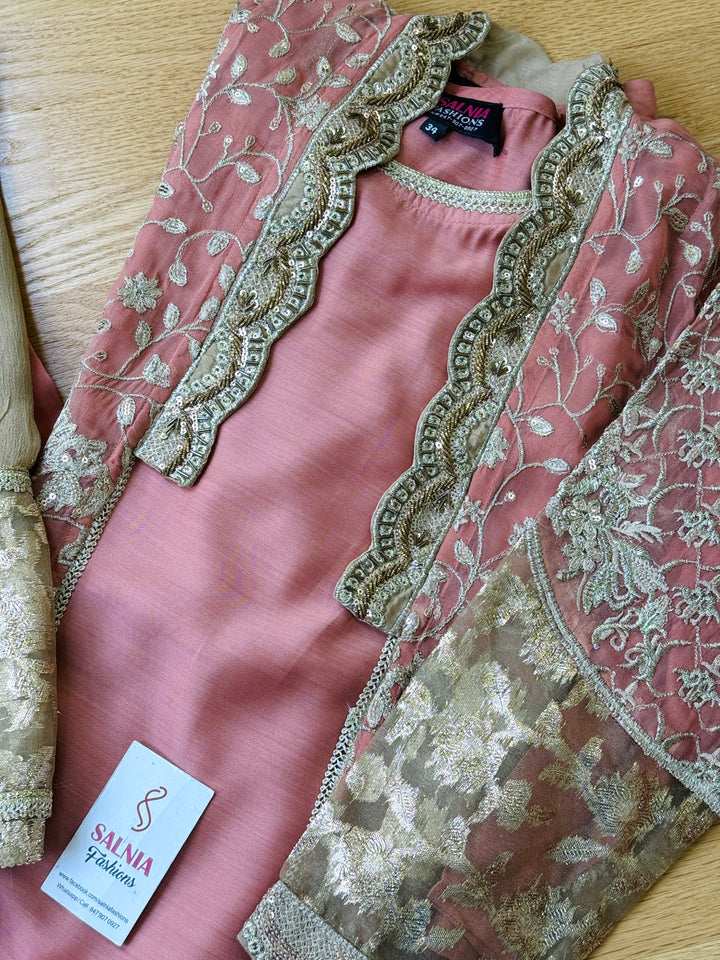 EMBROIDERED CHIFFON KIDS 3-PC SUIT PEACH JACKET ALKD56