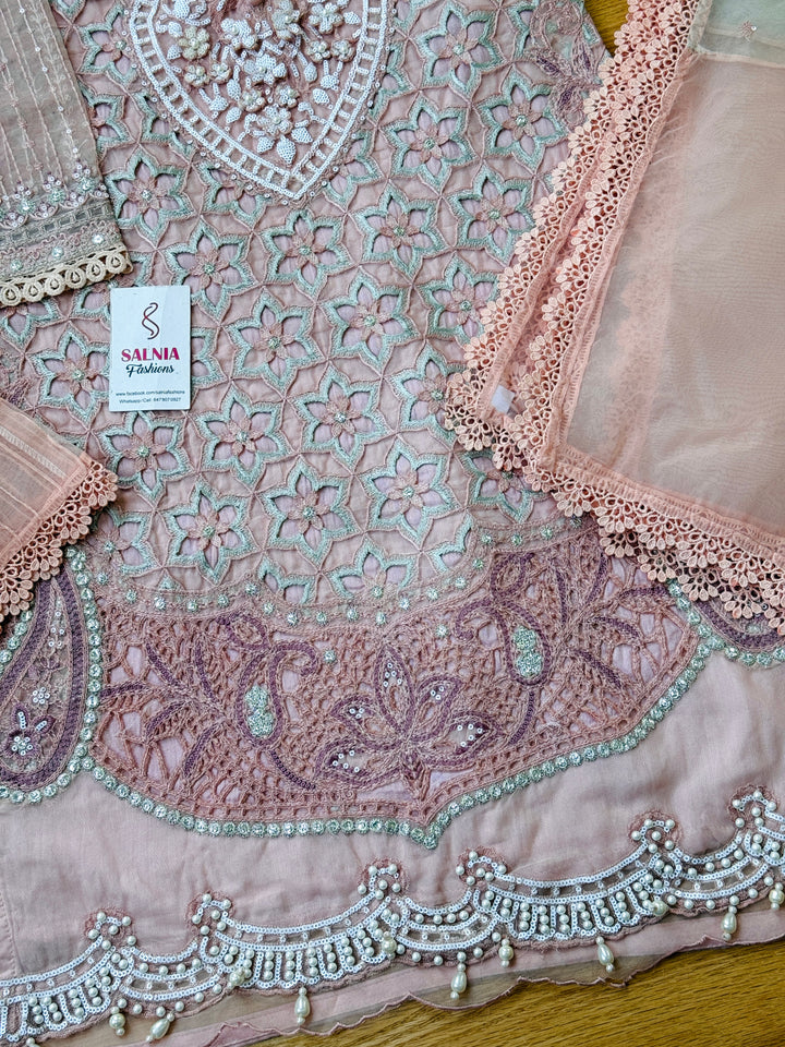 EMBROIDERED ORGANZA KIDS 3-PC SUIT PINK ALKD61