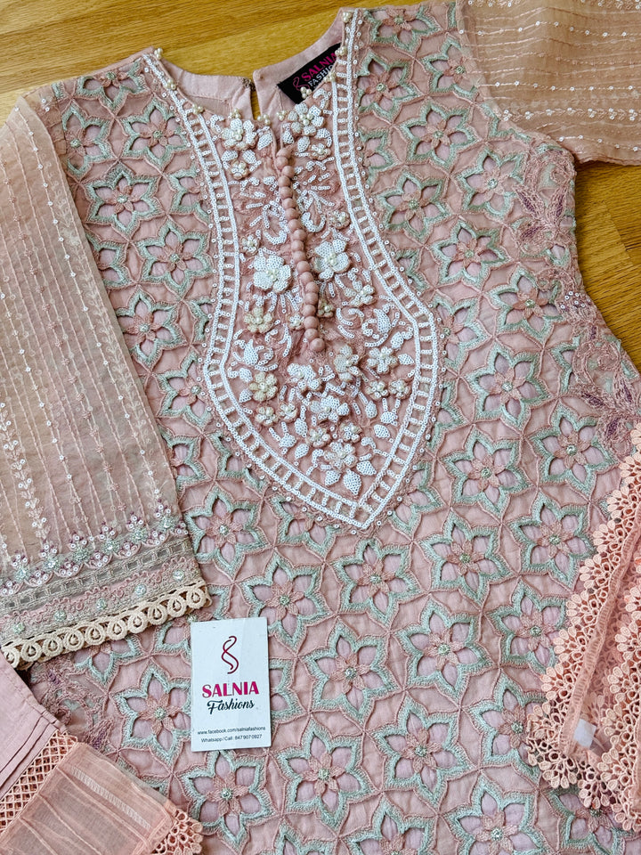 EMBROIDERED ORGANZA KIDS 3-PC SUIT PINK ALKD61