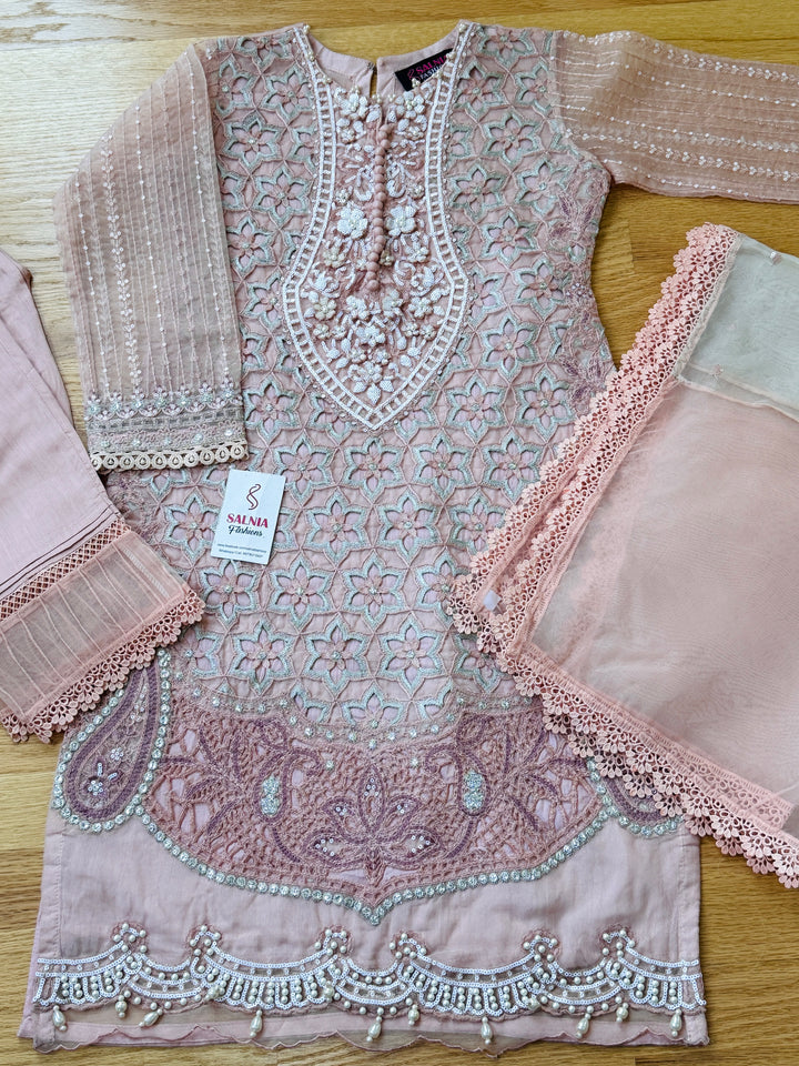 EMBROIDERED ORGANZA KIDS 3-PC SUIT PINK ALKD61
