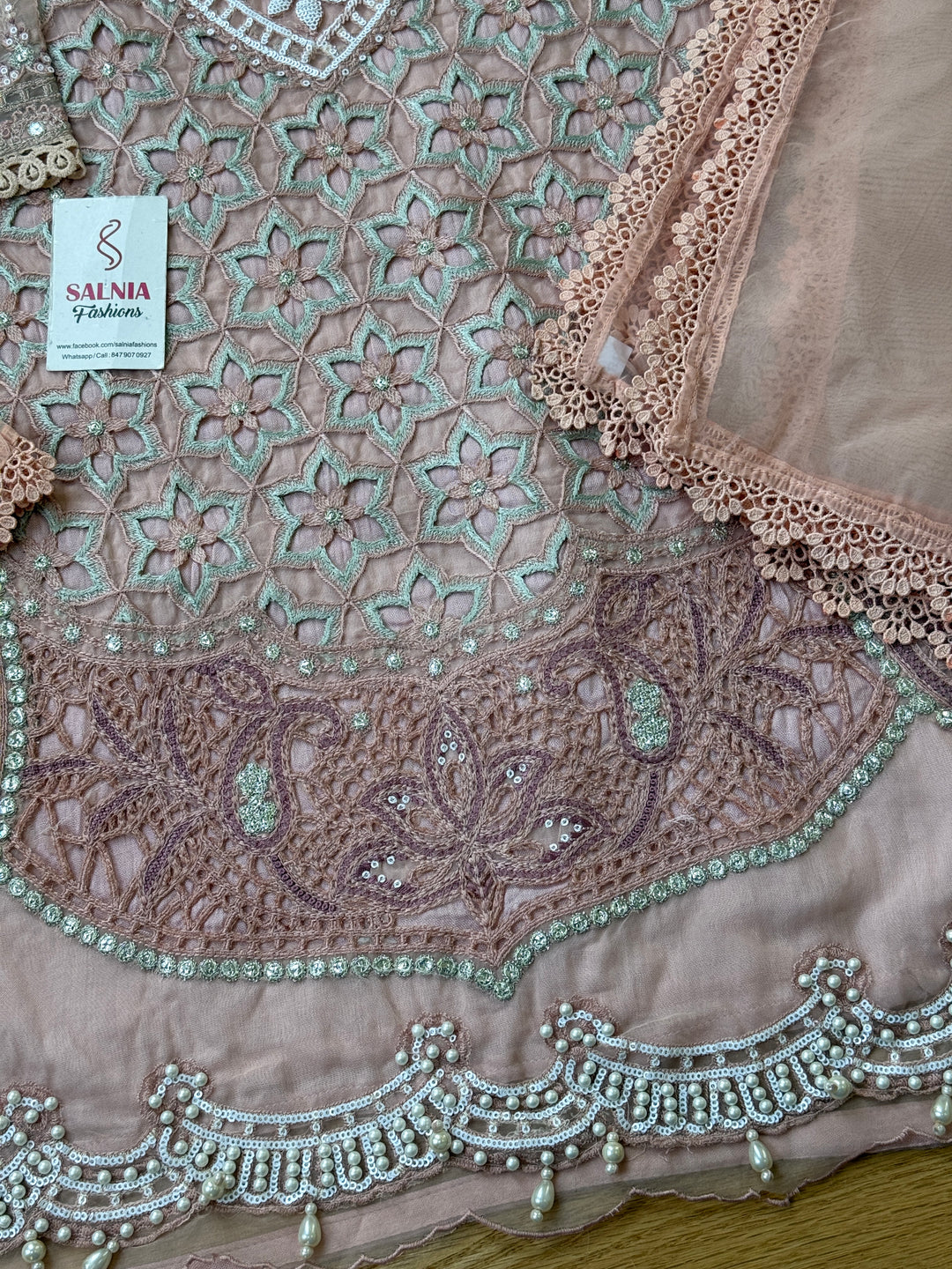 EMBROIDERED ORGANZA KIDS 3-PC SUIT PINK ALKD61