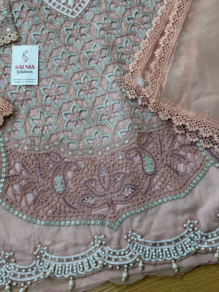 EMBROIDERED ORGANZA KIDS 3-PC SUIT PINK ALKD61