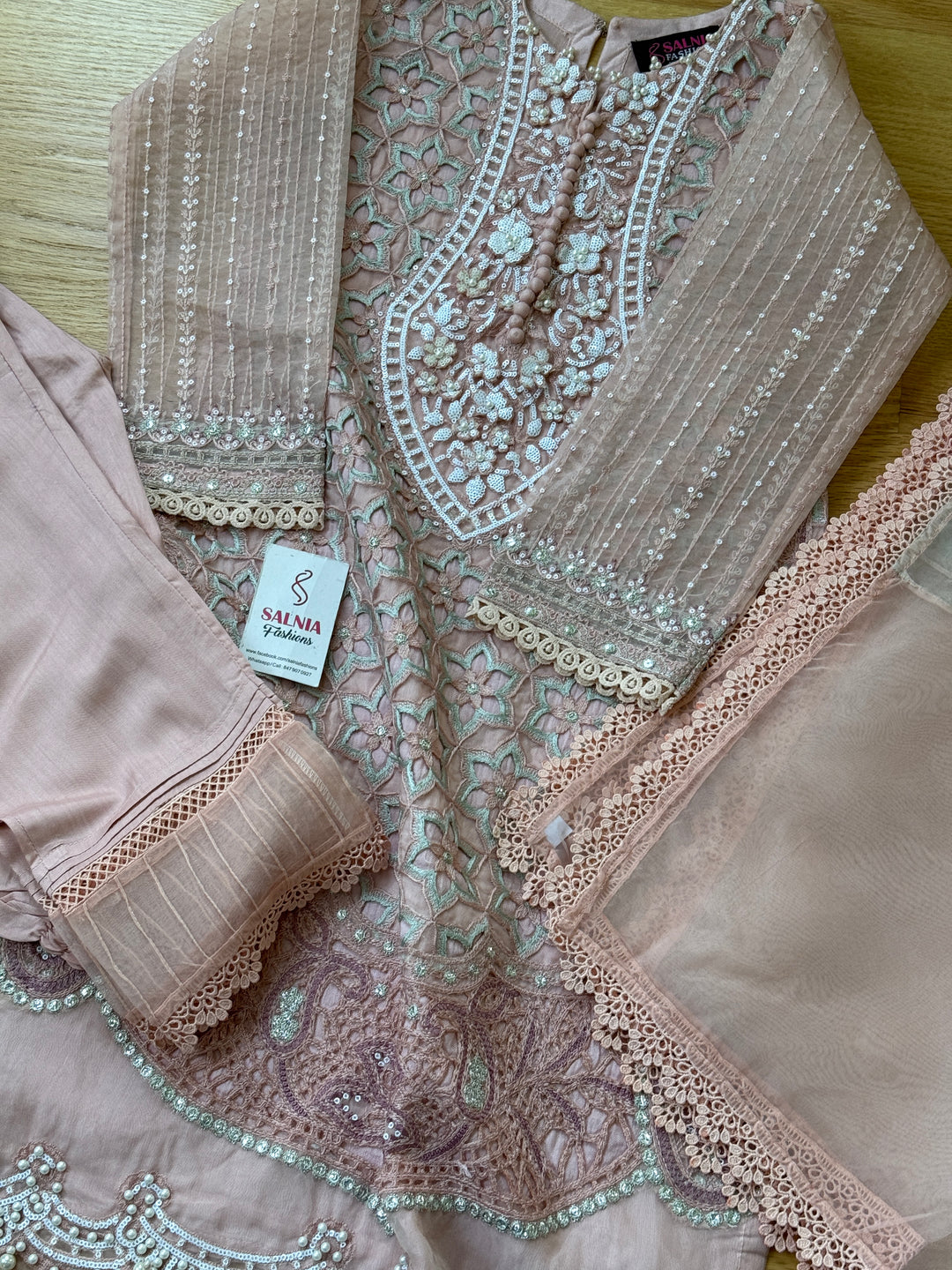 EMBROIDERED ORGANZA KIDS 3-PC SUIT PINK ALKD61