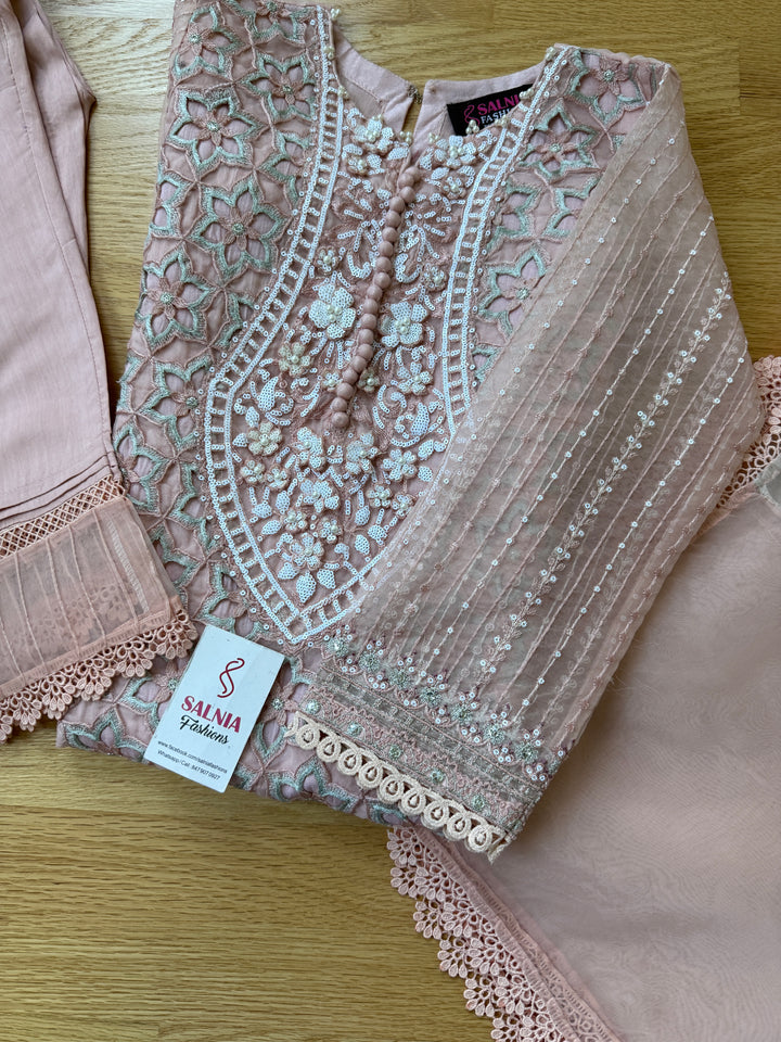 EMBROIDERED ORGANZA KIDS 3-PC SUIT PINK ALKD61