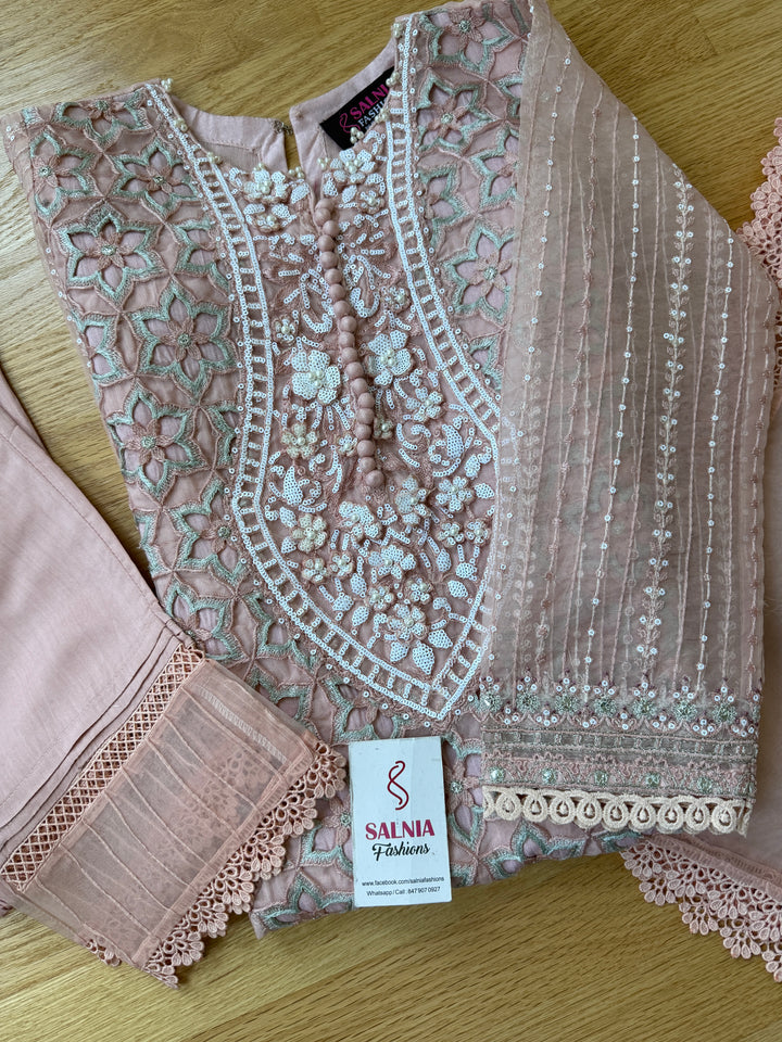 EMBROIDERED ORGANZA KIDS 3-PC SUIT PINK ALKD61
