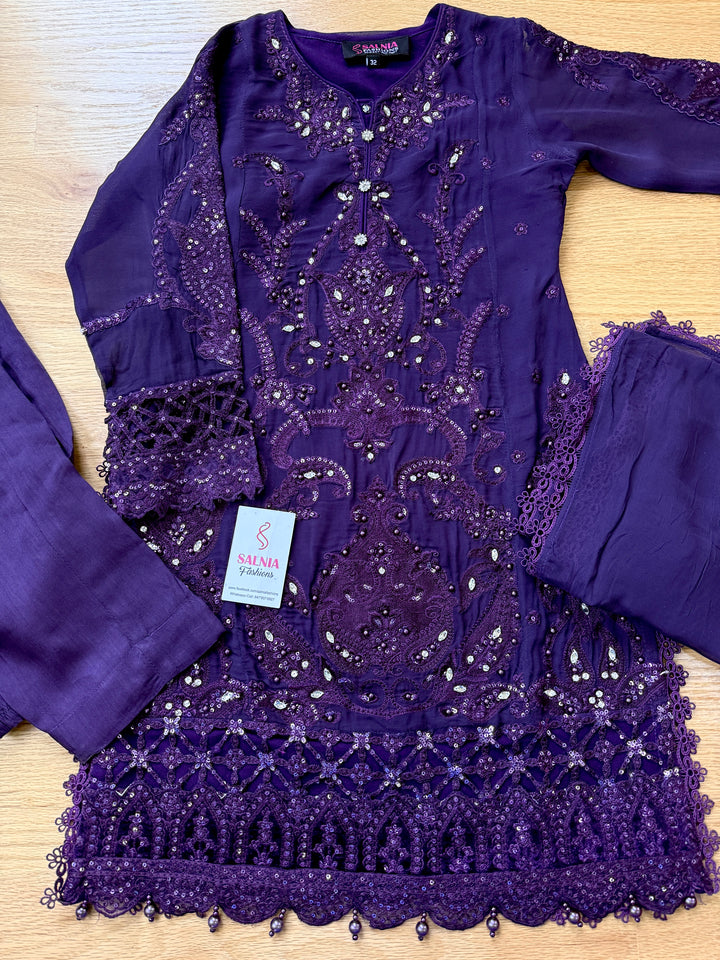 EMBROIDERED CHIFFON KIDS 3-PC SUIT PURPLE ALKD63