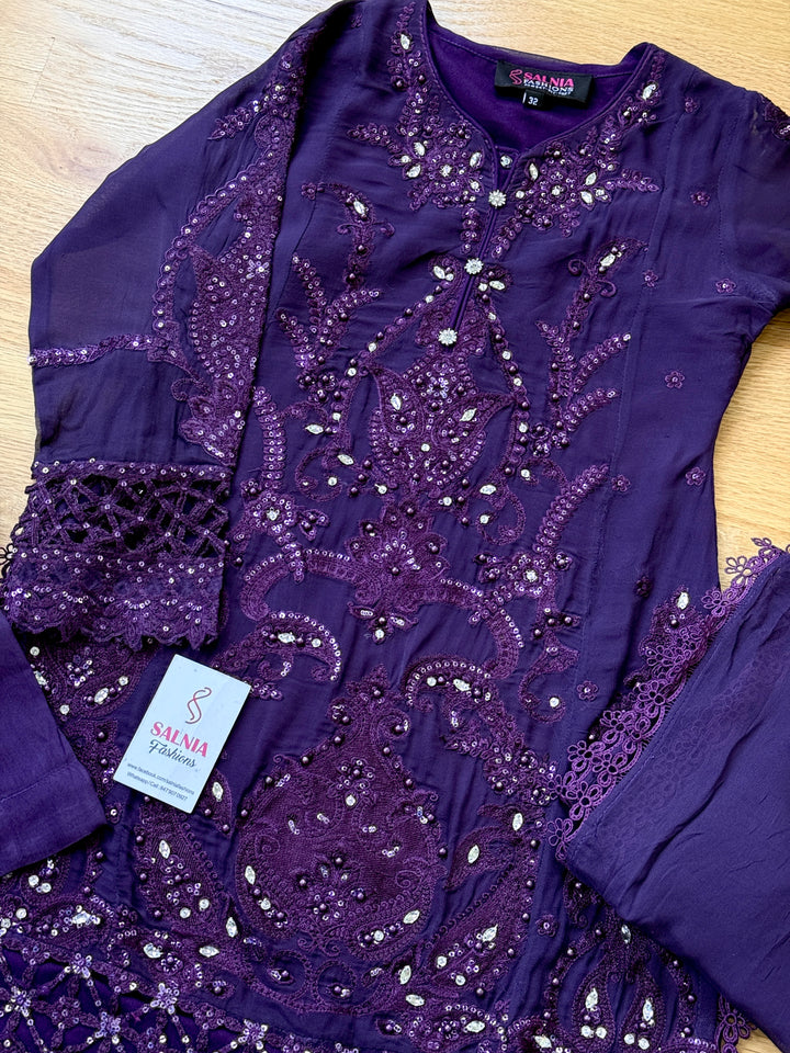 EMBROIDERED CHIFFON KIDS 3-PC SUIT PURPLE ALKD63