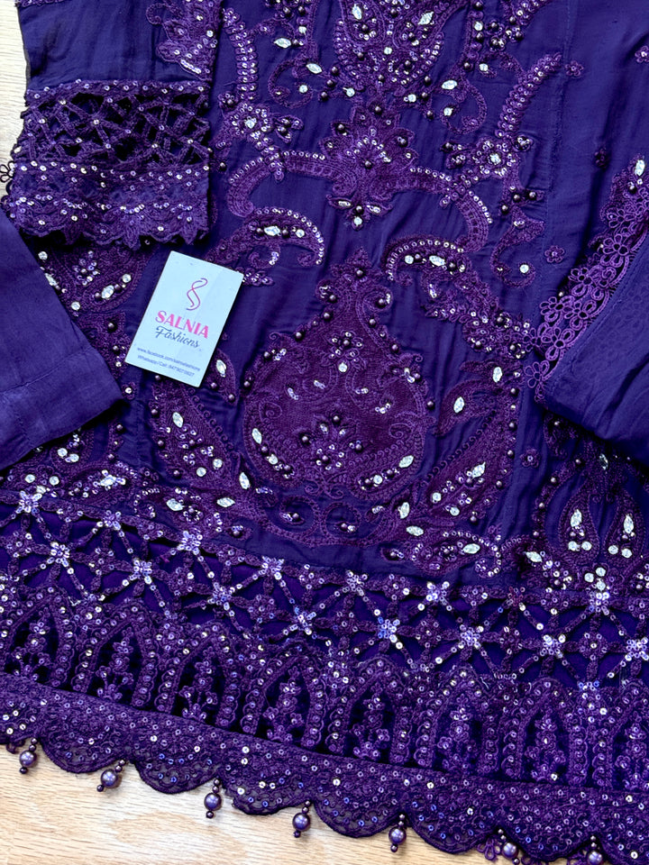 EMBROIDERED CHIFFON KIDS 3-PC SUIT PURPLE ALKD63