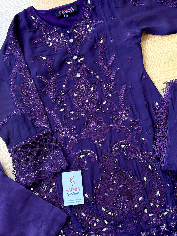 EMBROIDERED CHIFFON KIDS 3-PC SUIT PURPLE ALKD63