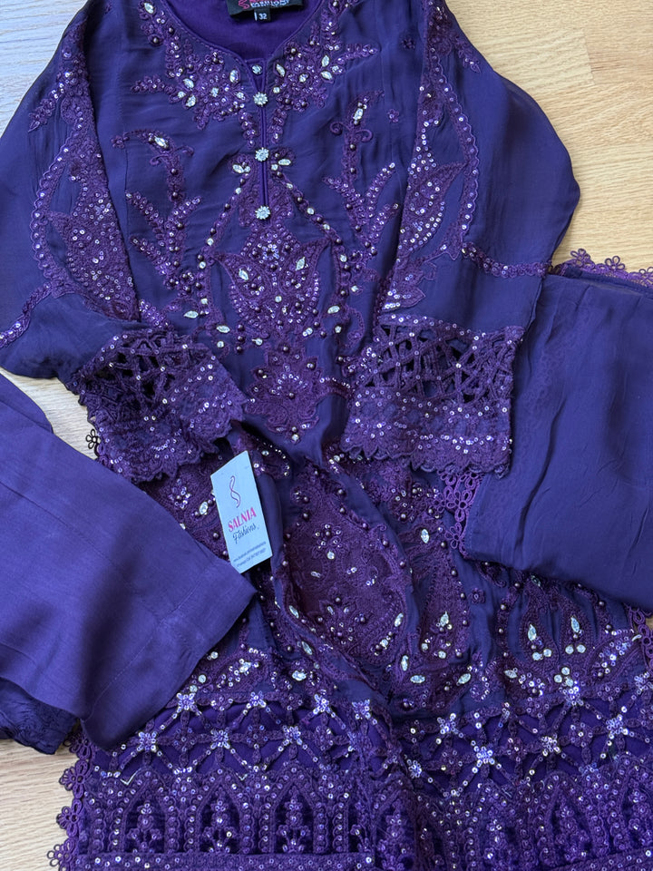 EMBROIDERED CHIFFON KIDS 3-PC SUIT PURPLE ALKD63