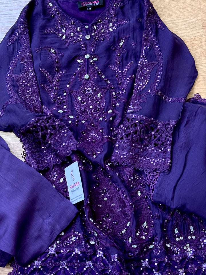 EMBROIDERED CHIFFON KIDS 3-PC SUIT PURPLE ALKD63