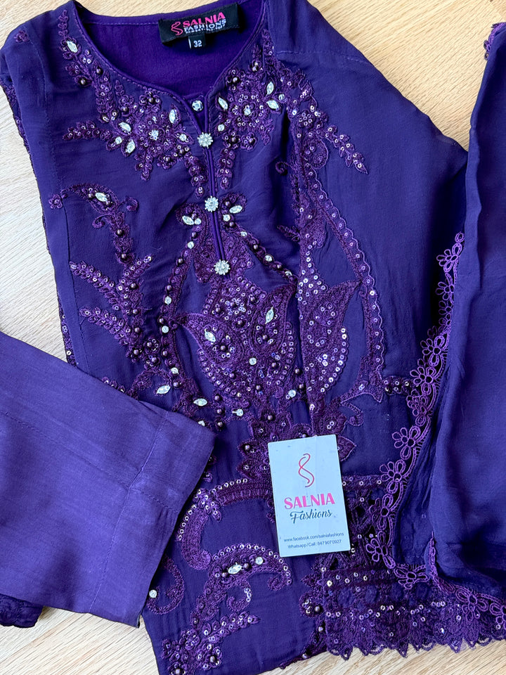 EMBROIDERED CHIFFON KIDS 3-PC SUIT PURPLE ALKD63
