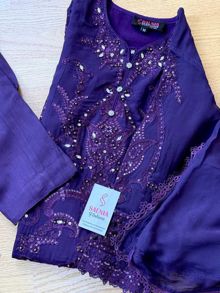 EMBROIDERED CHIFFON KIDS 3-PC SUIT PURPLE ALKD63