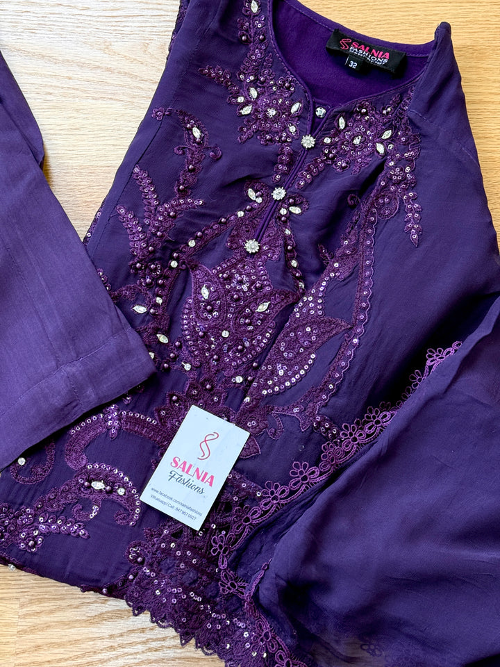 EMBROIDERED CHIFFON KIDS 3-PC SUIT PURPLE ALKD63