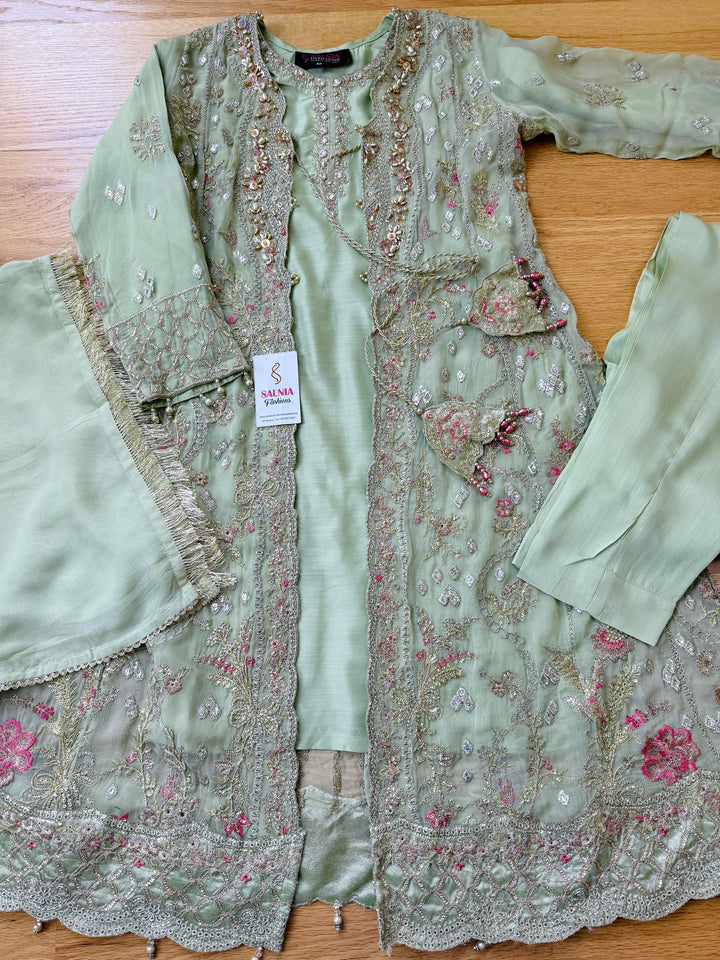 EMBROIDERED CHIFFON KIDS 3-PC SUIT PISTA GREEN JACKET ALKD57
