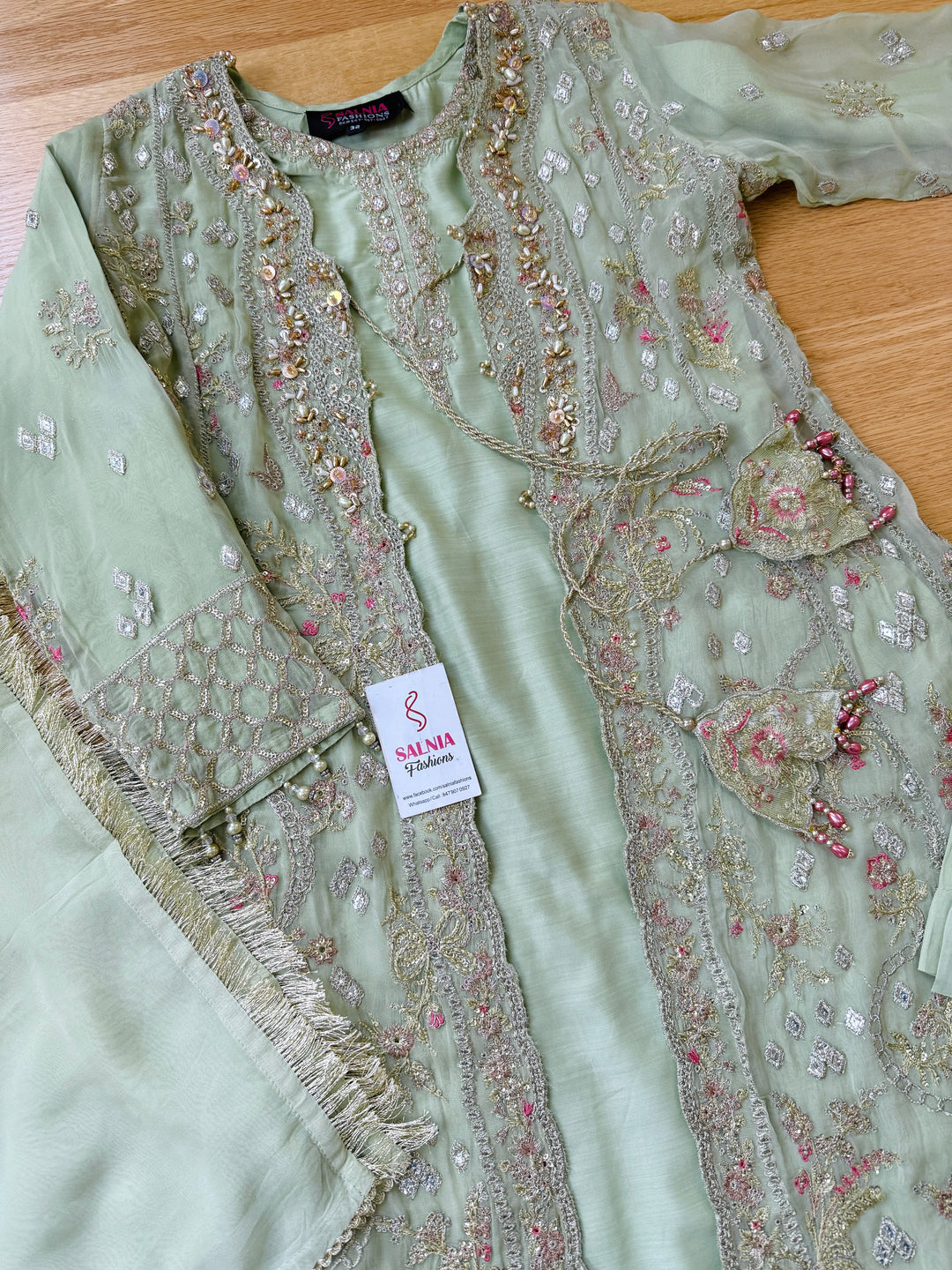EMBROIDERED CHIFFON KIDS 3-PC SUIT PISTA GREEN JACKET ALKD57