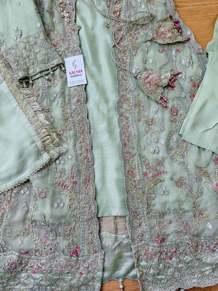 EMBROIDERED CHIFFON KIDS 3-PC SUIT PISTA GREEN JACKET ALKD57