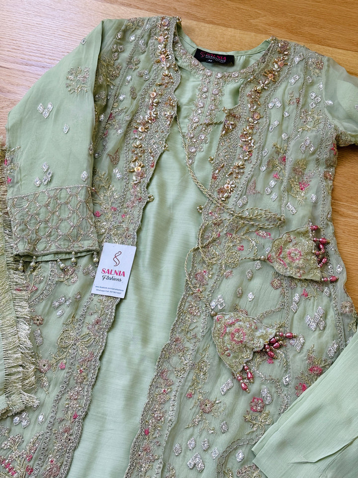 EMBROIDERED CHIFFON KIDS 3-PC SUIT PISTA GREEN JACKET ALKD57