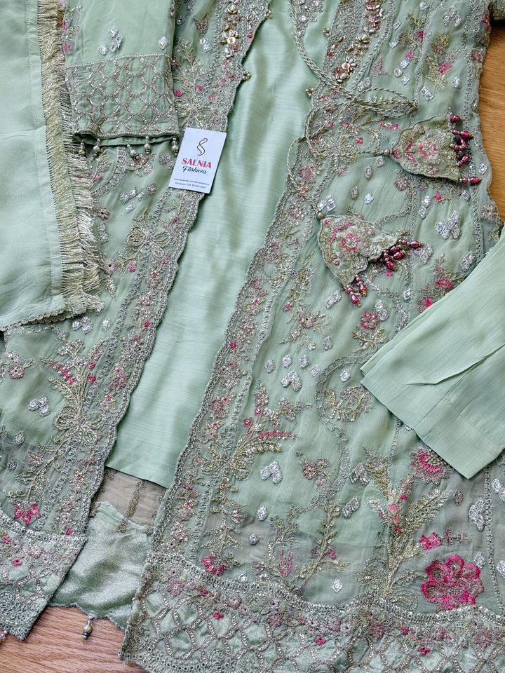 EMBROIDERED CHIFFON KIDS 3-PC SUIT PISTA GREEN JACKET ALKD57