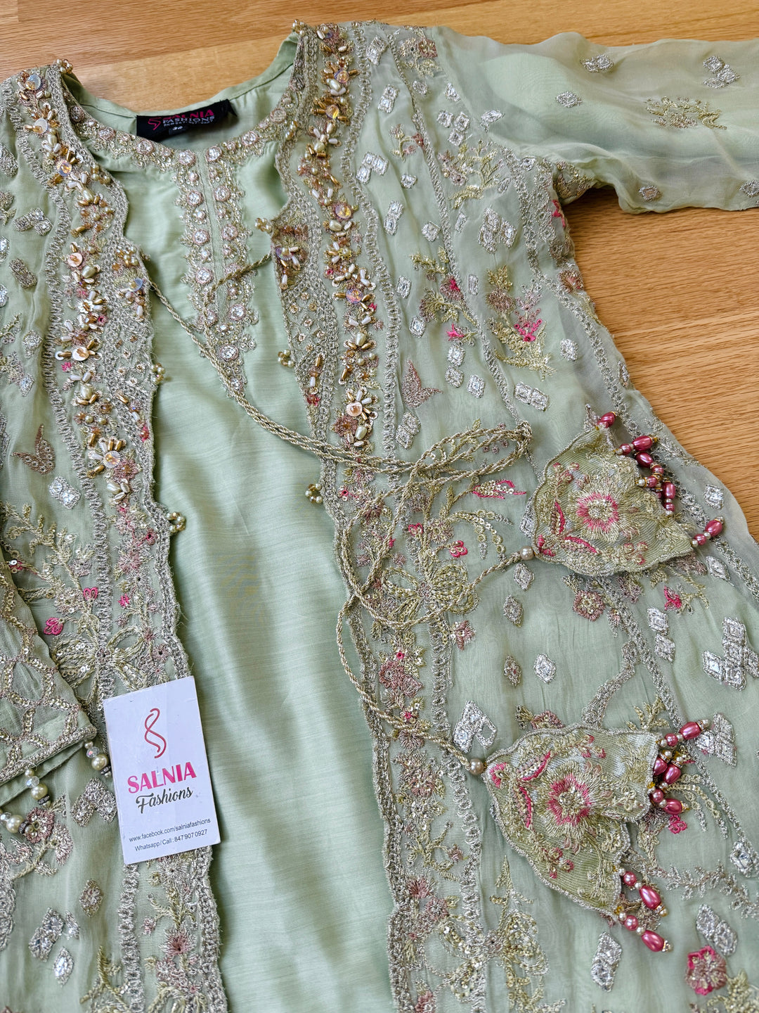 EMBROIDERED CHIFFON KIDS 3-PC SUIT PISTA GREEN JACKET ALKD57